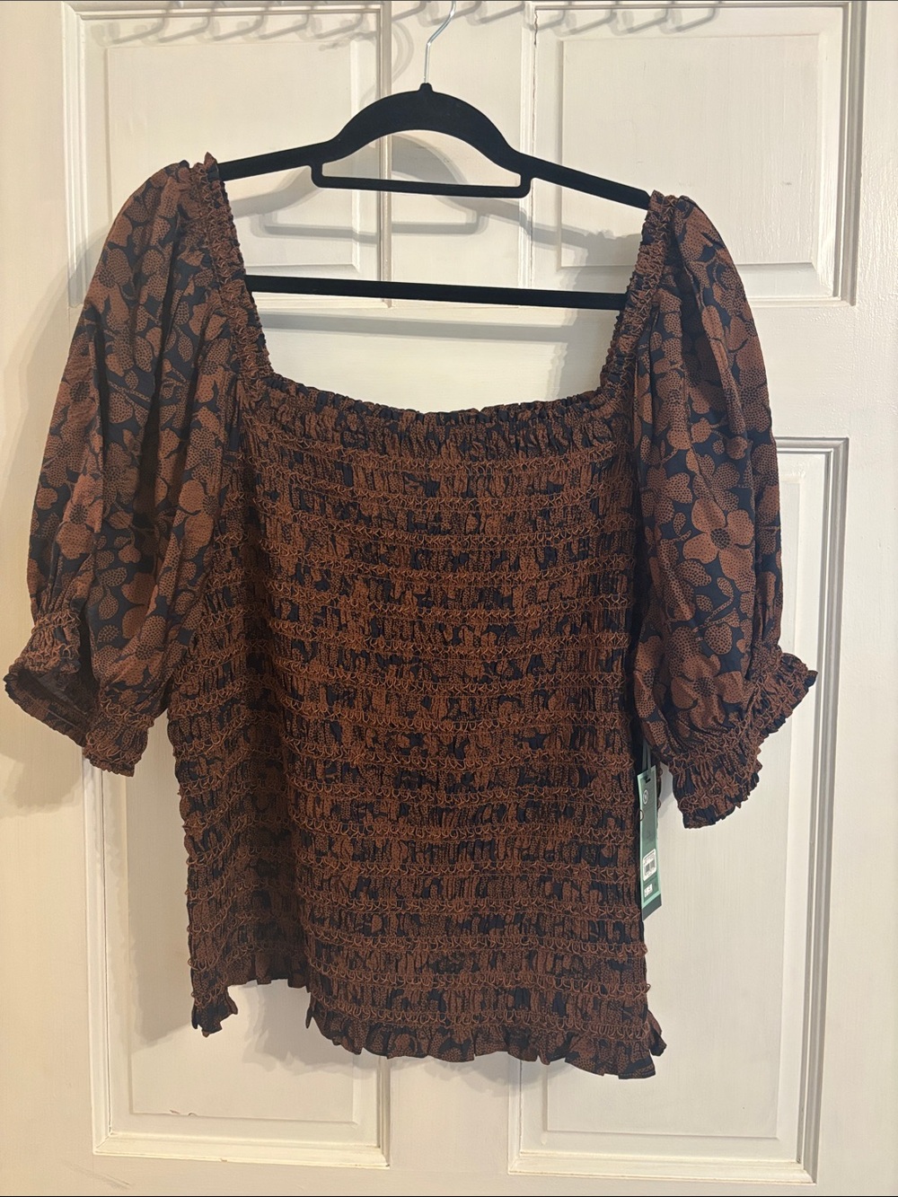 Terra & Sky Brown Floral Smocked Puff Sleeve Top